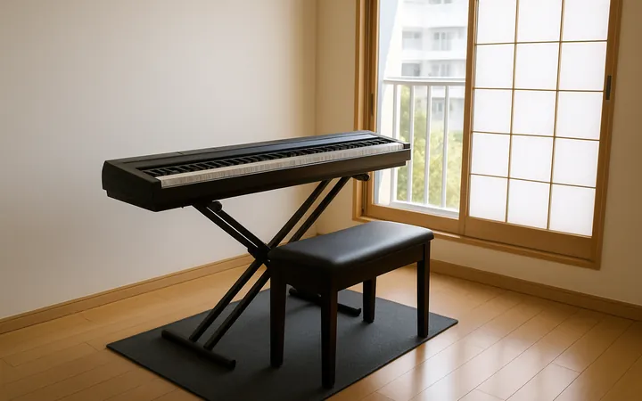 電子ピアノと、その下に敷かれた防振マット