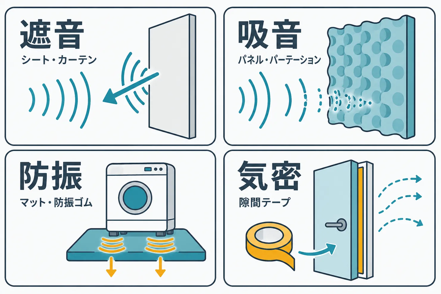 防音グッズの4機能マップ: 遮音はシートとカーテン、吸音はパネル、防振はマットと防振ゴム、気密は隙間テープが対応する