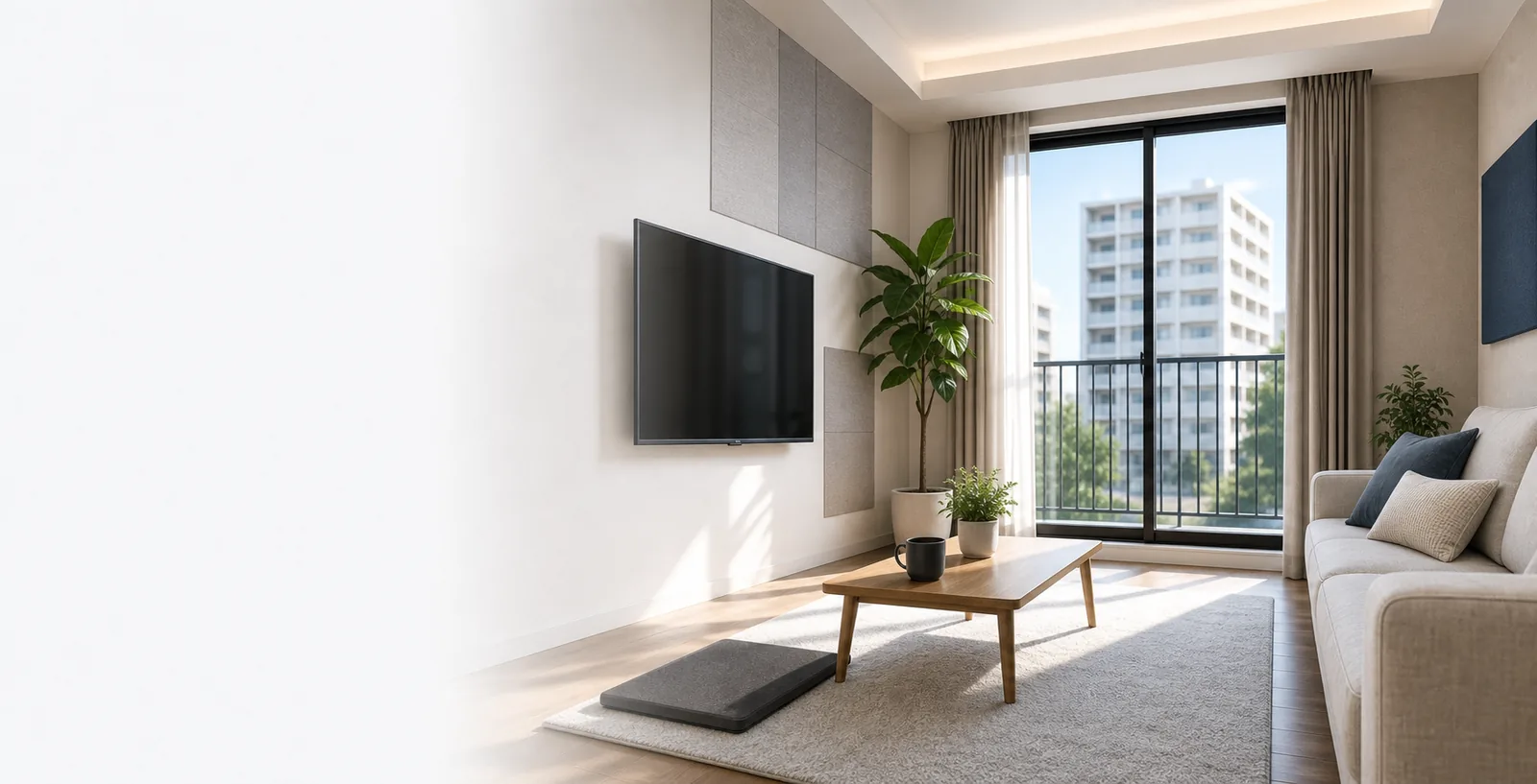 防音対策を施した賃貸マンションのリビング。壁掛けテレビ・吸音パネル・大きな窓・ソファがあり、床には防音マットが敷かれている