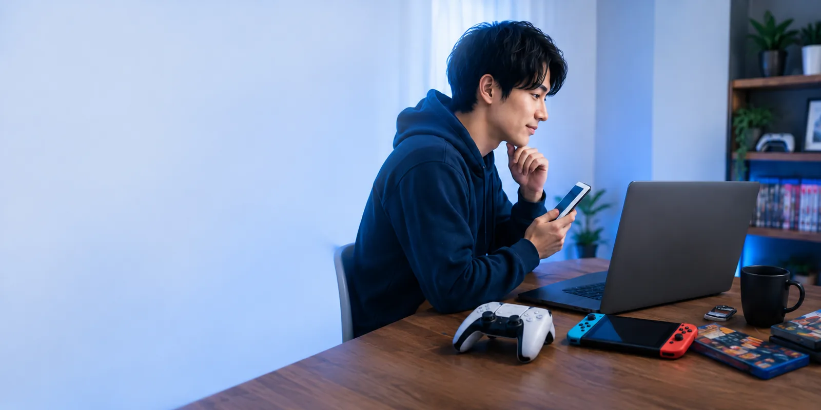 スマホとノートPCでゲームの相場を調べる男性。机にはNintendo Switchやコントローラー