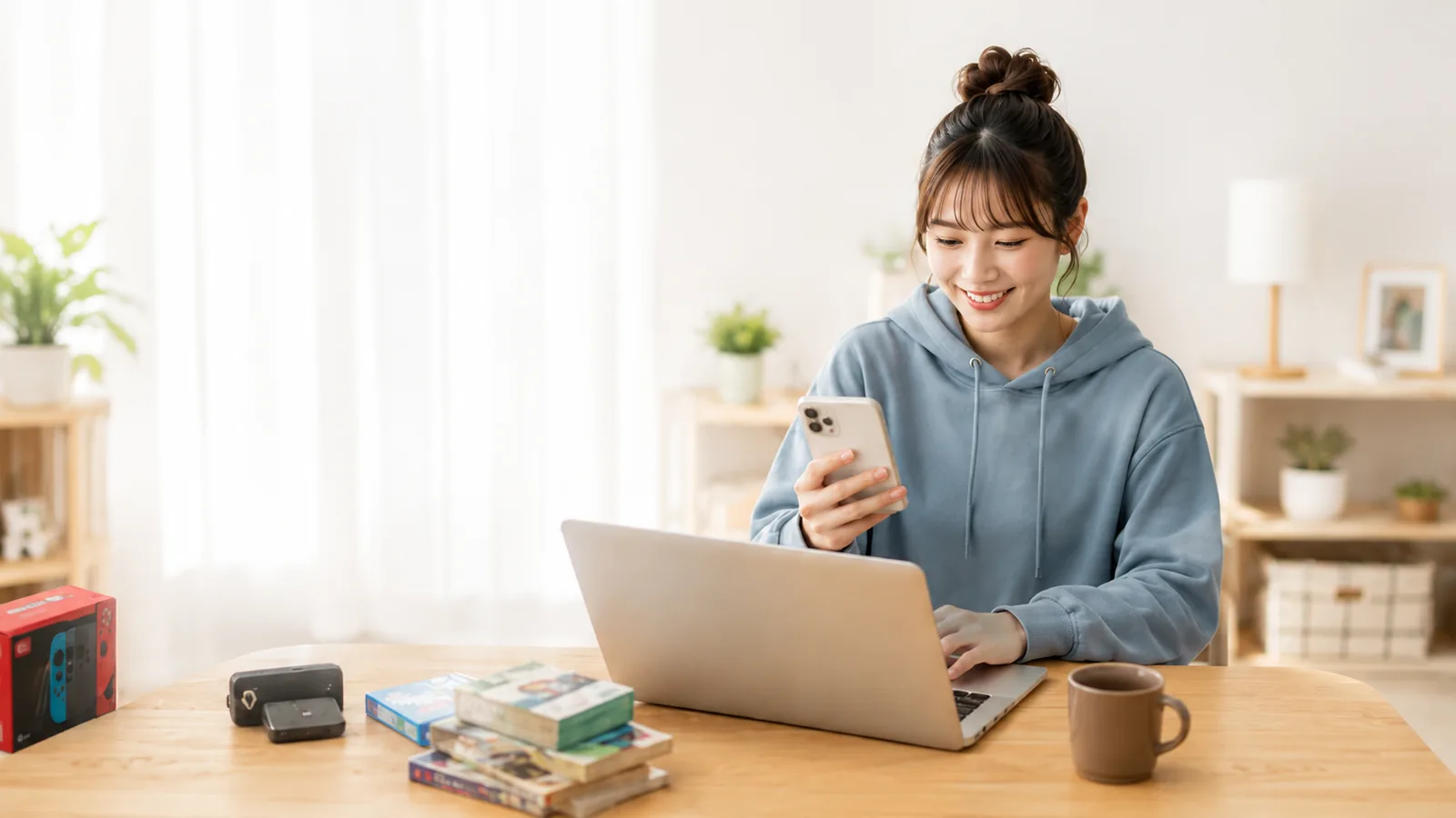 スマホとノートPCで楽天・Amazon・Yahoo!ショッピングの価格相場を調べる女性
